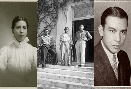 Collage showing Sallie Walker Stockard, the first woman graduate; Henry Owl, the first American Indian to be admitted; and John L. Brandon, Ralph K. Frasier and LeRoy B. Frasier, Jr., the first black undergraduates.