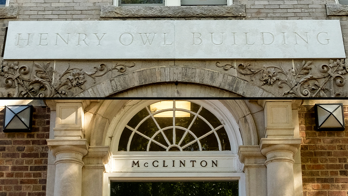 Signs for the Owl Building and McClinton Residence Hall.