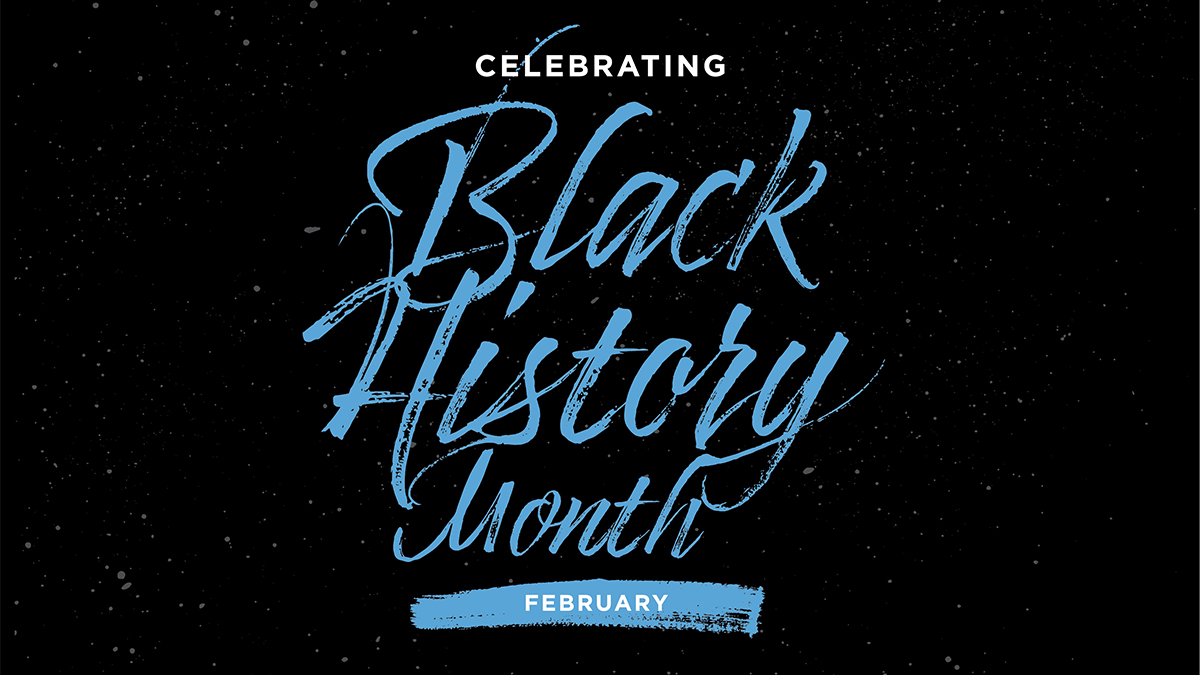 A black history month graphic with a black back ground and blue wording.