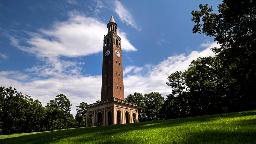 Bell Tower on the campus of UNC-Chapel Hill on a sunny day.
