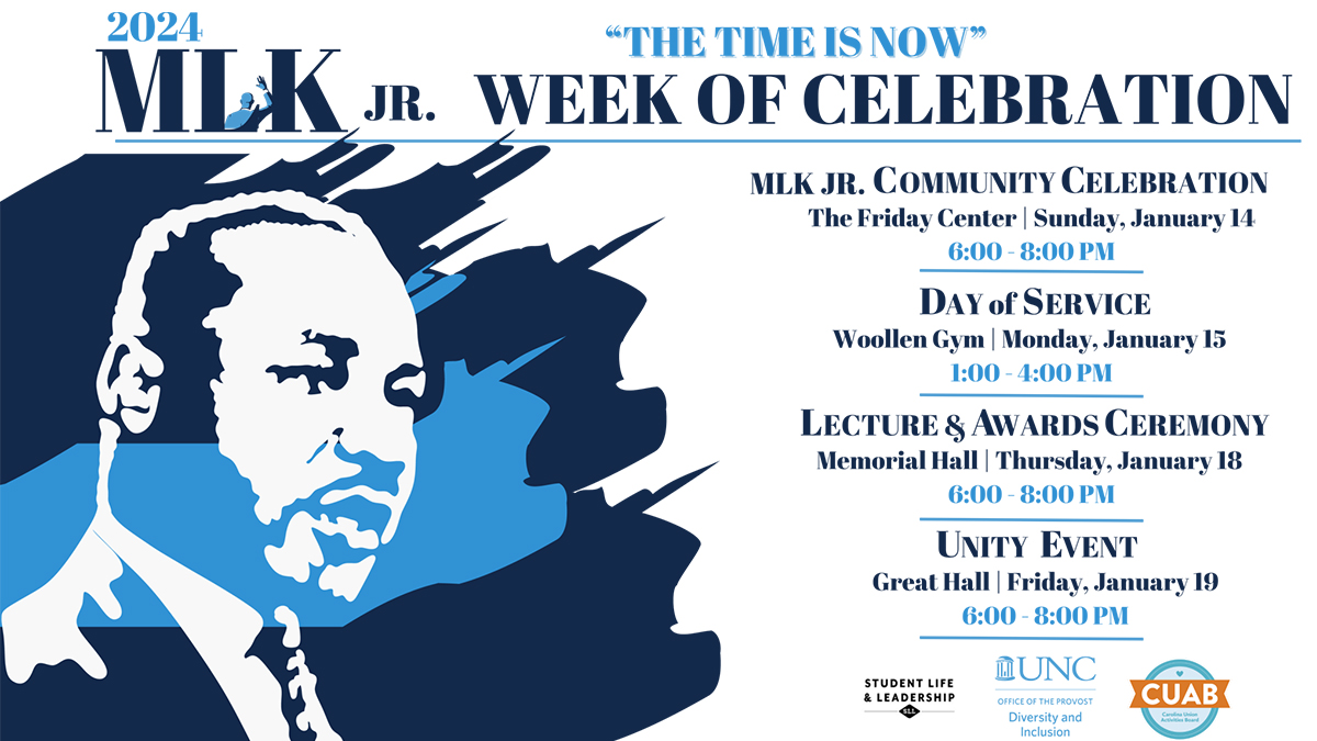 MLK jr. Week of Celebration graphic with list of events and times over the week.